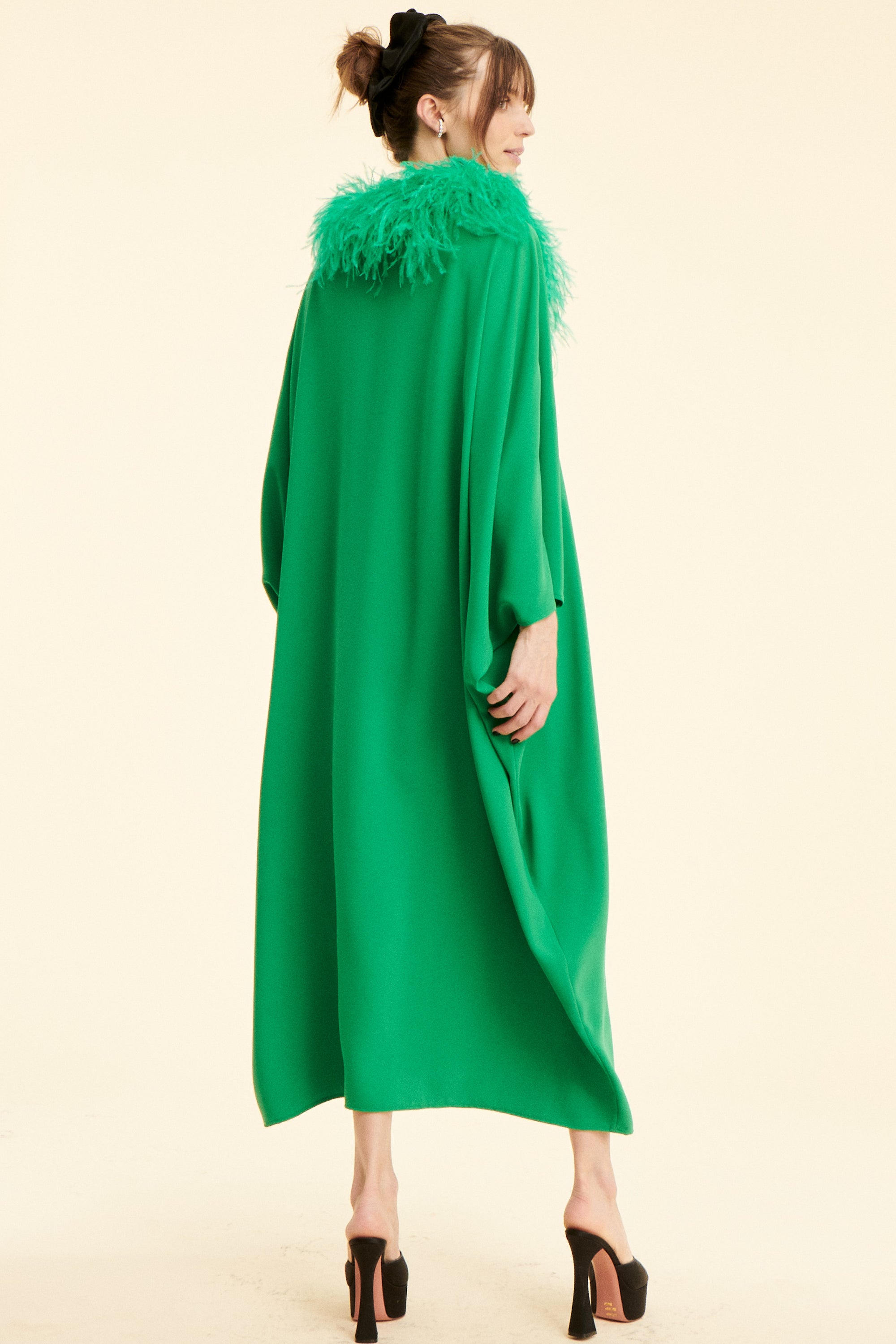 SAAHN ‘ STELLA’ Emerald Kaftan, kelly green, ostrich kaftan dress, Party dressing, Wedding, Event, Ostrich Feathers, One size fits all, Modern Kaftan, Modest and Glamour, Modest Dresses, Cool Girl Modesty
